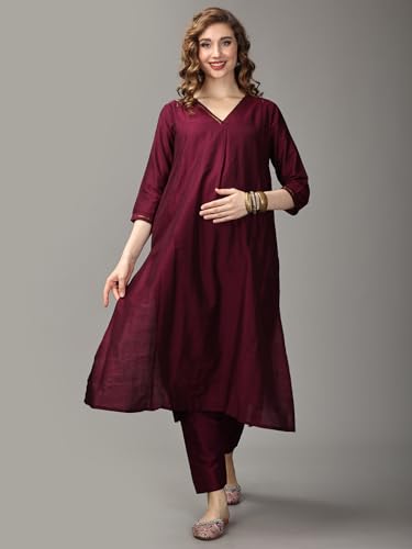 Image of The Mom Store Maternity Nursing and Feeding Kurta Set | Nursing Zippers | Pre and Post Pregnancy | Raw Silk | Kurta Pant Set | Solid |