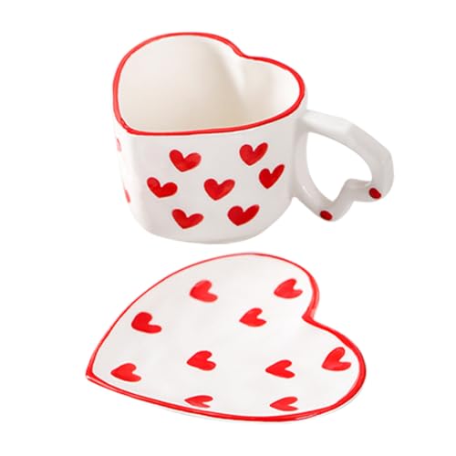 ノーブランド品 バレンン セラミック製 ハート型マグカップ ピンク 可愛いティーカップ ソーサー 女の子向け 自宅 オフィス用 コーヒー 紅茶 ラテ用