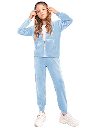 Image of Arshiner 2 Piece Outfits for Girls Kids Velour Tracksuit and Jogger Set | Size 5-14Y, Velvet Sweatsuit with Zipper for Fall /Winter, Suit for School, Workout, Jogging, or Casual Occasions