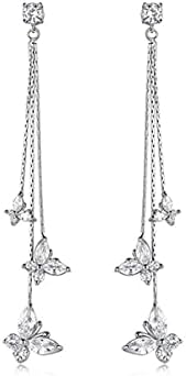 Crystal Butterfly Pendant Tassel Earrings Long Zircon Butterfly Drop Dangle Earrings Jewelry for Girls Women (Crystal Butterfly Earrings-Silver)