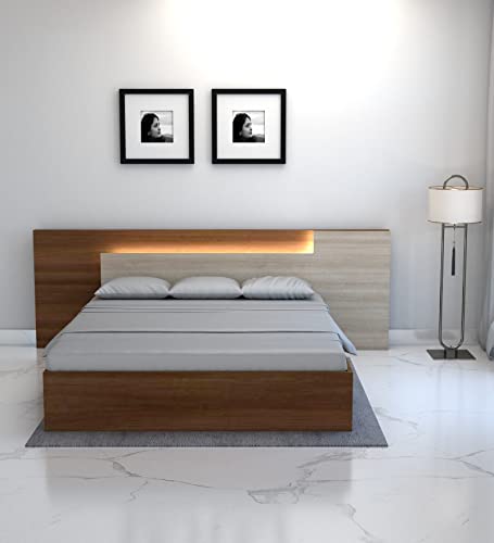 Image of King Size Engineered Wood Platform Bed with LED Fitted Headboard and Storage (Brown /Walnut) (Without Side Table)