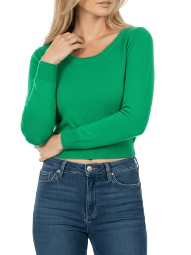 Image of Women's Crop Top Stretch Sweater - Long Sleeve Slim Bodycon Crewneck Casual Basic Solid Cropped Knit Pullover Top