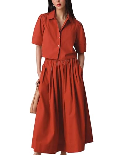 Image of Womens Summer 2 Piece Outfits Skirt Sets Button Short Sleeve Tops Elastic Waist Maxi Dress Sets with Pockets