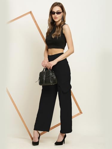 Image of Fashion Women's Casual Cargo Pants Flared High Waist Relaxed Fit Stretchable Parallel Trousers
