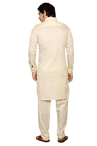 Image of WHITE-ZONE Men's Pathani Suit Set (44, Cream Satin)