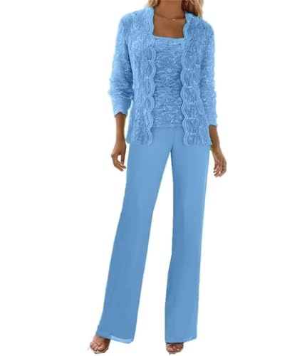 Image of 3 Pieces Chiffon Lace Mother of The Bride Pant Suits with Jackets Sequins Wedding Guest Dresses for Women