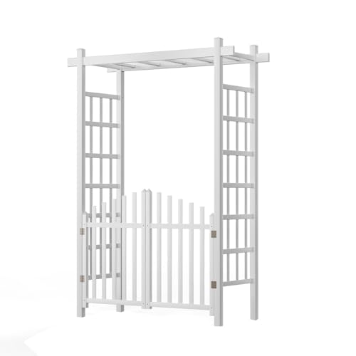 VINGLI Garden Arbor, Vinyl Wedding Arch for Ceremony Party, Trellis for Climbing Plants, Arch Backdrop Stand for Garden, Backyard, Lawn, Wedding (Arbor with gate)