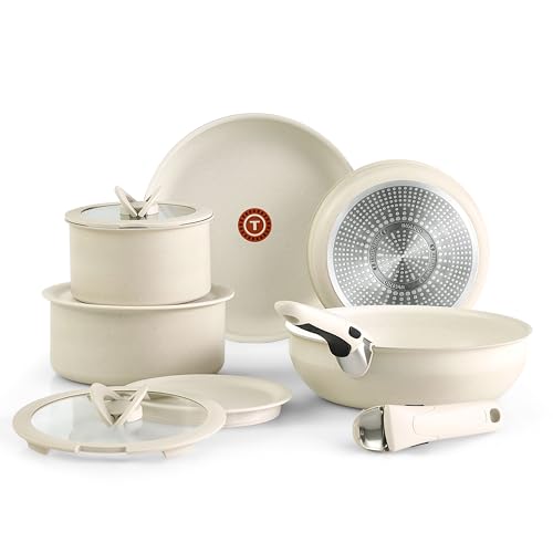 Image of T-fal Ingenio Essentials Cookware Set with Detachable/Removable Handle 11 Piece, Granite Titanium Non Stick, Induction, Oven Broiler Safe 500F, Stackable, Pots and Pans Set, RV Camping, Fry Pans Beige
