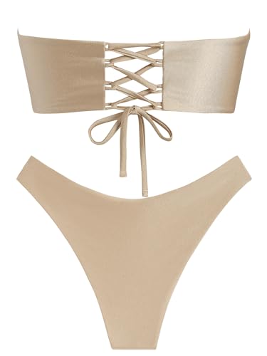 ZAFUL Knotted Bandeau Bikini for Women Strapless Swimsuits High Cut Bathing Suit Sexy Cheeky Tie Side Swimwears4