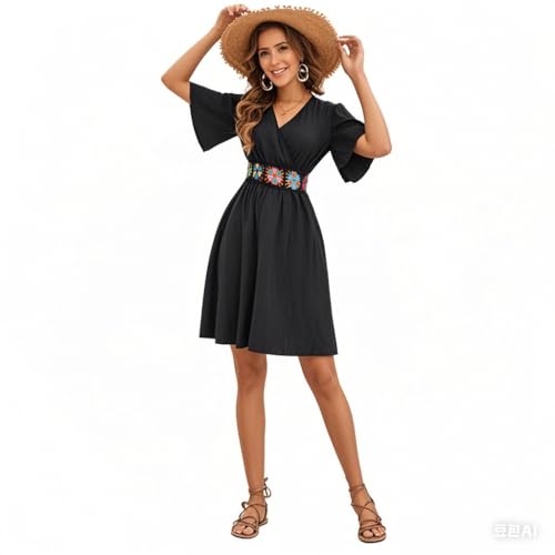 Image of LightlyKiss Women's V-Neck Short Flutter Sleeve Wrap A-Line Dress - Casual Embroidered Belt Beach Holiday Dress