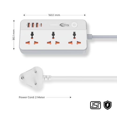 Image of OTEK VoltSafe 331 Extension Board with 3 Universal Sockets,3 USB,1 Type C Ports,2 Meter Cord,2500 Watts,10A,Surge Protector for Home & Office Appliances Abs Body Color White