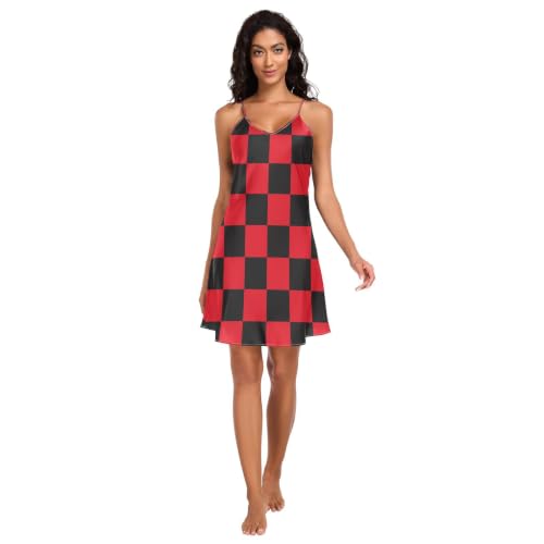 Chemise de nuit courte en soie de qualité supérieure à carreaux noirs et rouges col V élégant