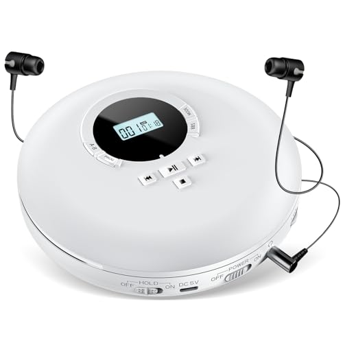 Gueray Reproductor de CD Portátil con Auriculares Pantalla LCD Protección Anti-Salto Lectores de CD Personal HiFi Classic CD Reproductor de Música Memoria-Blanco