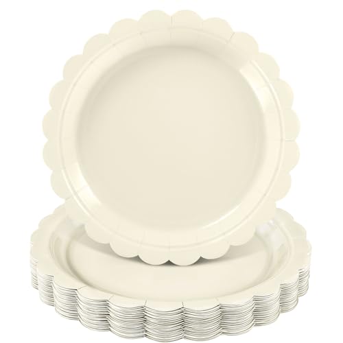 NatNarr 30 platos de papel marfil desechables de 22,9 cm, platos de crema festoneados, bonitos platos de postre beige para tartas, fiestas, cenas, para baby shower, boda, despedida de soltera
