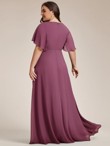 Image of Ever-Pretty Short Sleeves V Neck Plus Size Formal Dresses for Curvy Women Chiffon Mother of The Bride Dress Evening Gowns