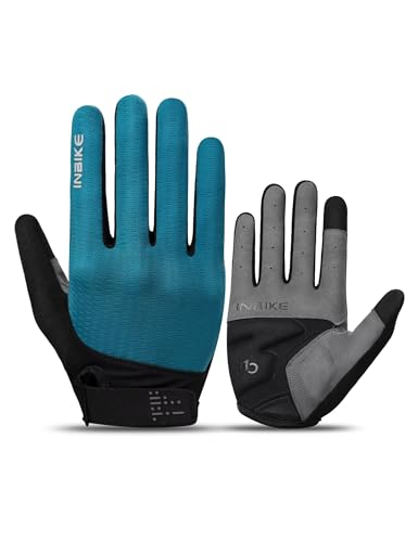 INBIKE Cycling Gloves for Men Women, Shock-Absorbing Memory Gel Padded Biking Gloves, Bicycle Breathable Touchscreen Reflective Full Finger Bike Gloves Blue Medium