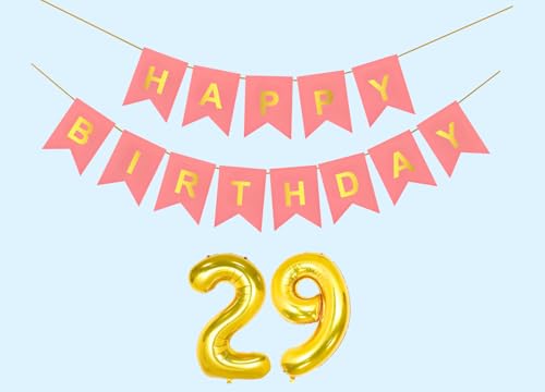 Image of 29th Happy Birthday Decoration Kit Light Pink for 29 year Old Boys Girls Men with Number Twenty-nine Party Decorations Decor Celebration Items Item Set Combo Reusable Paper Banner