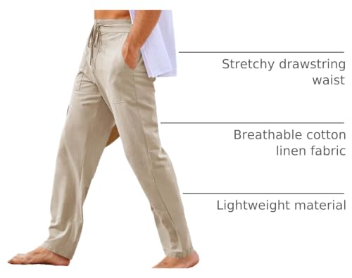 Image of PASLTER Mens Cotton Linen Pants Casual Summer Beach Pants Dress Trousers | Loose Fit, Elastic Drawstring Waist, Lightweight, Straight-Legs, Slacks, Yoga, Work, Vacation, Quick Dry