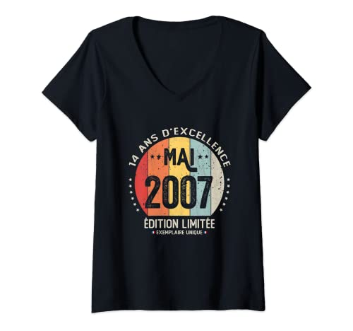 Mujer 14 años, cumpleaños, niño, niña, regalo de mayo de 2007. Camiseta Cuello V