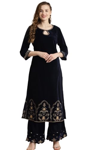 Image of Women's Velvet Hem Zari Embroidered Kurta