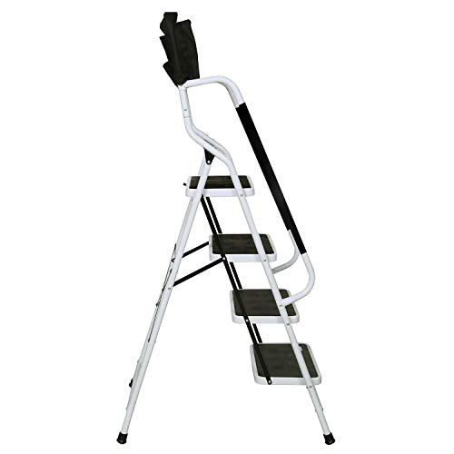 SUPPORT PLUS Folding 4-Step Safety Step Ladder - Step Stool with Padded Side Handrails, Tool Pouch Caddy, Wide Steps