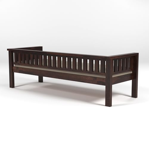 Image of Solid Wood Sheesham 3 Seater Low Height Sofa | Three Seater Sofa for Living Room, Home, Office Furniture with Beige Cushion - Walnut Finish