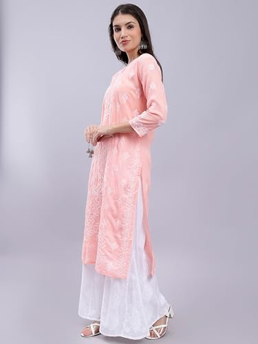 Image of Seva Chikan Hand Embroidered Lucknowi Chikankari Terivoil Cotton Regular Fit Straight Kurta for Women SCL4351