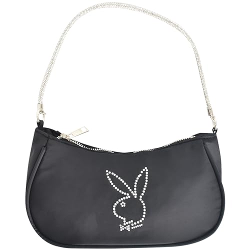 Concept One Playboy Shoulder Bag, Women's Purse Handbag with Rhinestone Carry Strap and Bunny Logo, Black