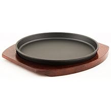 Happy Sales, Cast Iron Steak Plate Sizzle Griddle with Wooden Base Steak Pan Grill Fajita Server Plate Household use or Restaurant Supply MedRound