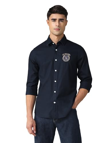 Image of U.S. Polo ASSN. Solid Tailored Fit Shirt for Men - 100% Cotton, Breathable & Comfortable, Full Sleeves Casual Shirt for Men