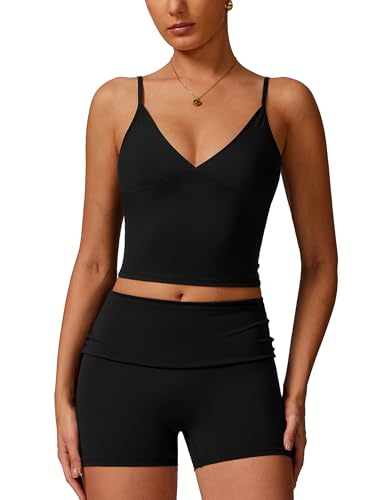 Workout Sets for Women 2 Piece Compression Sports Bra and Fold-over High Waisted Yoga Leggings Shorts Gym Athletic Sets Black S