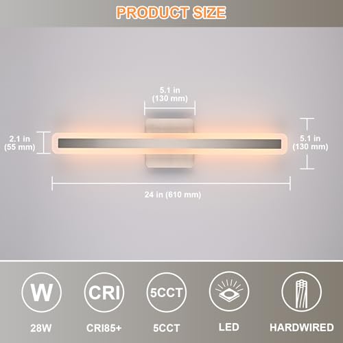 Image of 28W Modern Vanity Lights for Bathroom 24.0 Inch LED Vanity Bar Light 5CCT Dimmable Brushed Nickel Wall Sconces LED Bathroom Lighting Fixtures Over Mirror for Bath Room Cabinets Bedroom
