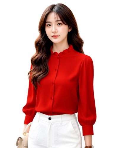 Image of Messica Women Brown Solid Cotton Blend Knitted Top | Ruffle Neck | 3 /4 Sleeve | Regular Fit Casual Office Wear Top