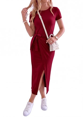 Image of NOLLSOM Women Casual Sleeveless Striped Tank Midi Dresses Halter Neck Ruched Bodycon Dresses Tie Waist T Shirt Summer Dress