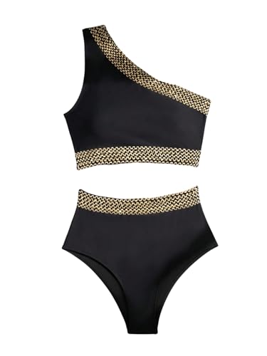 Milumia Women's Two Piece High Waisted Bikini Set Strap One Shoulder Stitch Colorblock Swimsuit