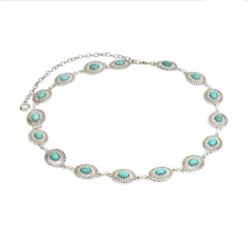 Rosemarie & Jubalee Cowgirl Chic Statement Western Burnished Silver Tone Conchos On Link Body Waist Chain Belt (Turquoise Howlite Stone Centers 34"+9" Extender)3