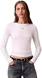 Calvin Klein Damen Ls Woven Label 2X2 Rib Crew Top Lv047E205G Andere Oberteile, White (Brilliant White), S