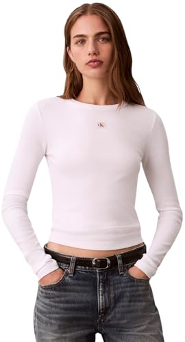 Calvin Klein LV047E205G Top da Donna con Etichetta Tessuta 2X2 Rib Crew Top LV047E205G Altri Top, Bianco (Bianco Brillante), XL, Bianco (Bianco Brillante), XL