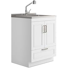 SIMPLIHOME Cardinal All-in-One 28 inch Wide Utility Sink and Laundry Cabinet in Pure White Finish, Transitional Stainless Steel Sink Cabinet for Laundry Rooms with Pull-Out Brushed Nickel Faucet