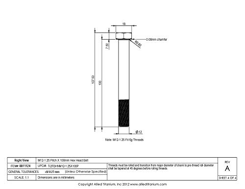 Allied Titanium 0011124, (Pack Of 2) M12-1.25 Pitch X 100Mm Titanium Hex Head Bolt, Grade 2 (Cp) #TOP3