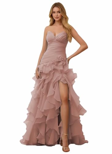 Tiered Tulle Ball Gown 2026 Strapless A Line Long Prom Dress with Slit Dusty-Rose