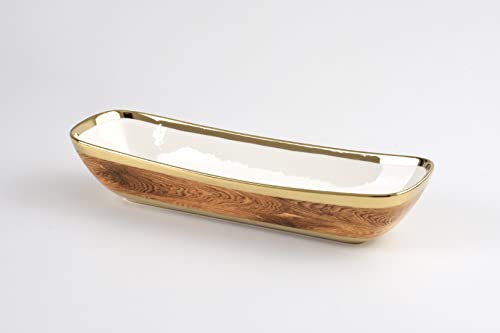 Pampa Bay Wood Look Titanium-Plated Porcelain Deep Rectangular Server, 14 x 4.5 Inch, Gold/White/Wood Look