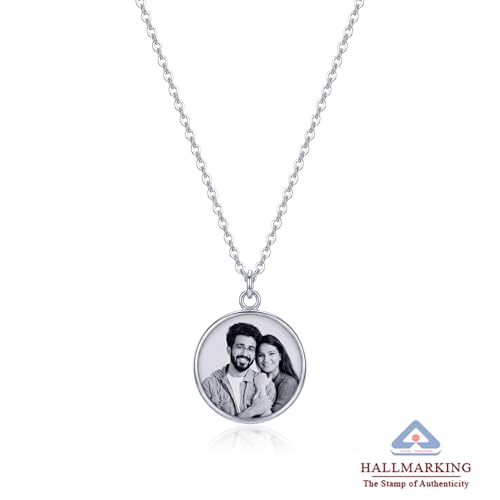Image of TRUESILVER ACPL 925 Sterling Silver Personalized Photo Necklace for Women | Custom Photo Pendant with Fingerprint & Engraved Text | Oval & Round CZ Frame Jewelry Gift for Anniversary Birthday