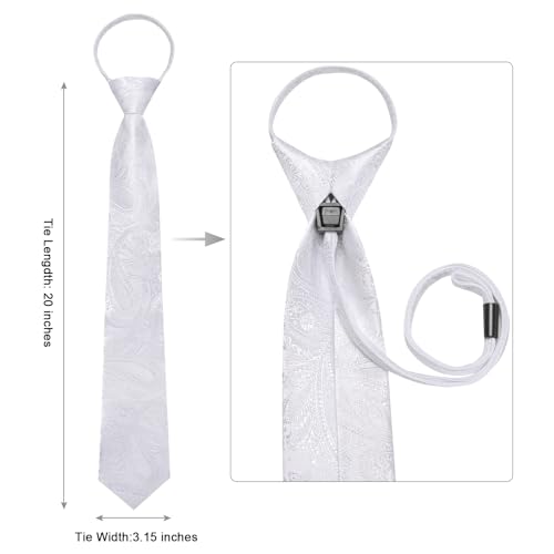 Image of Hi-Tie Zipper Ties for Men White Paisley Adjustable Pre-Tied Necktie Lapel Pin Pocket Square Cufflinks Set