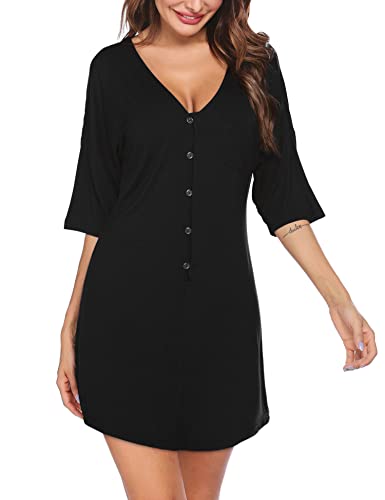 Ekouaer Nightgown Button Down Nightshirt Short V Neck Night Shirts Womens Boyfriend Sexy Sleepwear S-Xxl #TOP22