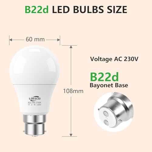 LOEODO Bayonet Light Bulbs 60W Equvialent, 9W 806 Lumens LED Bulb, Warm White 2700K, B22 Energy Saving Lightbulbs - Image 3