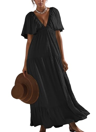 Image of Kikibell Women Summer Dresses Sexy V-Neck Maxi Dress Tiered Silhouette with Flutter Sleeve Backless Elastic Waist Flowy Dress