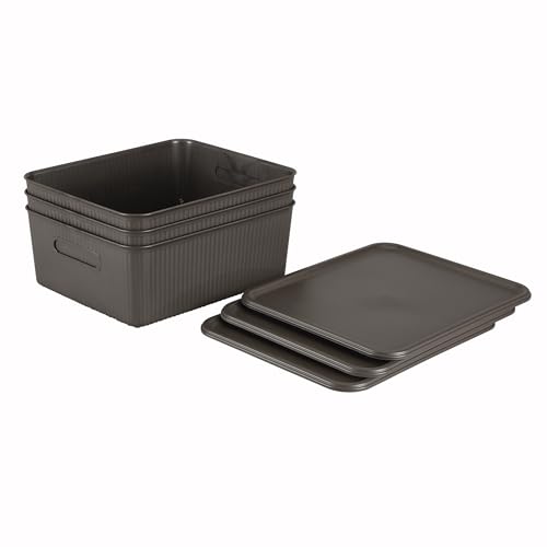 Image of Kolorr Ribbed Baskets Medium Pack of 3 With 3 Standard Lid (Non-Airtight Loose-Fit Cover) Multipurpose Plastic Storage Baskets For Cloths Wardrobe Home Kitchen & Livingroom I Dark Brown
