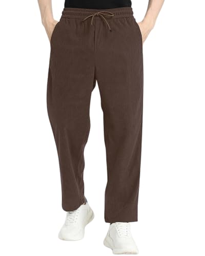 Image of Men's Self Design Corduroy Track Pants - Mid Rise, Flexi Waist, Ankle Length