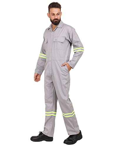 Image of CLUB TWENTY ONE Men's High Visibility Cotton Coverall with Green and Silver Reflective Tape | Multiple Pockets Zipper Front